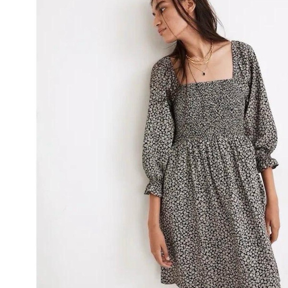 Madewell Black and White Floral Long Sleeve Dress